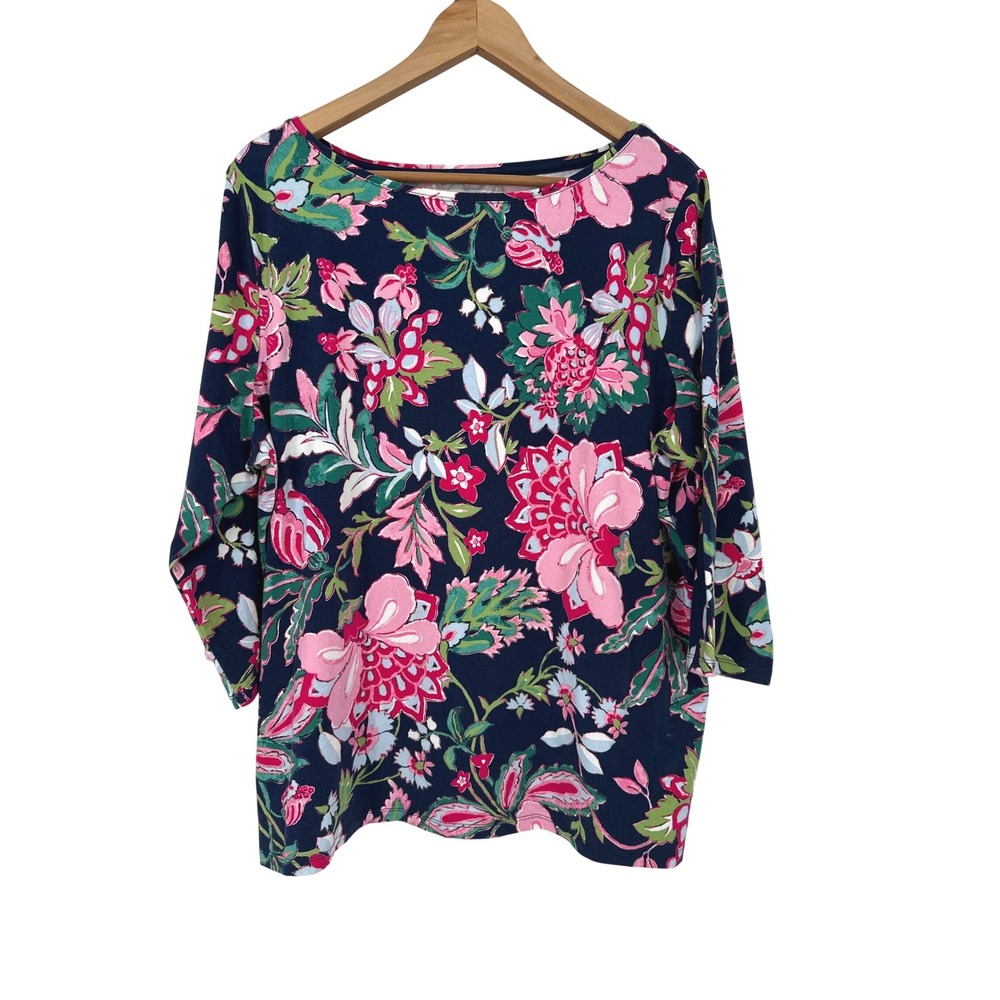 Talbots The Talbots Tee Women 2X Navy Pink Floral 3/4 Sleeve Granny Cottage